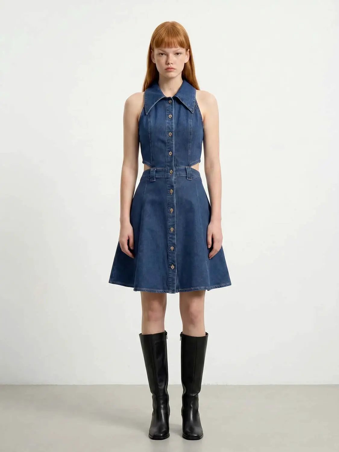 Cotton-stretch denim sleeveless button-front dress with waist cut-outs in blue