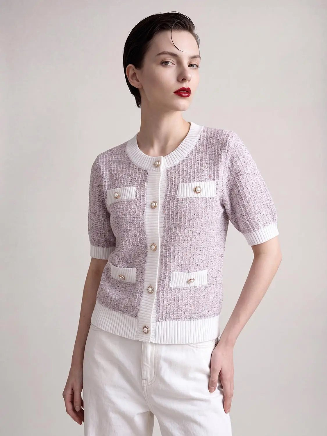 Textured weave cardigan with contrast trim by Urban Revivo Fashion; lavender knit with white rib trim and pearl buttons