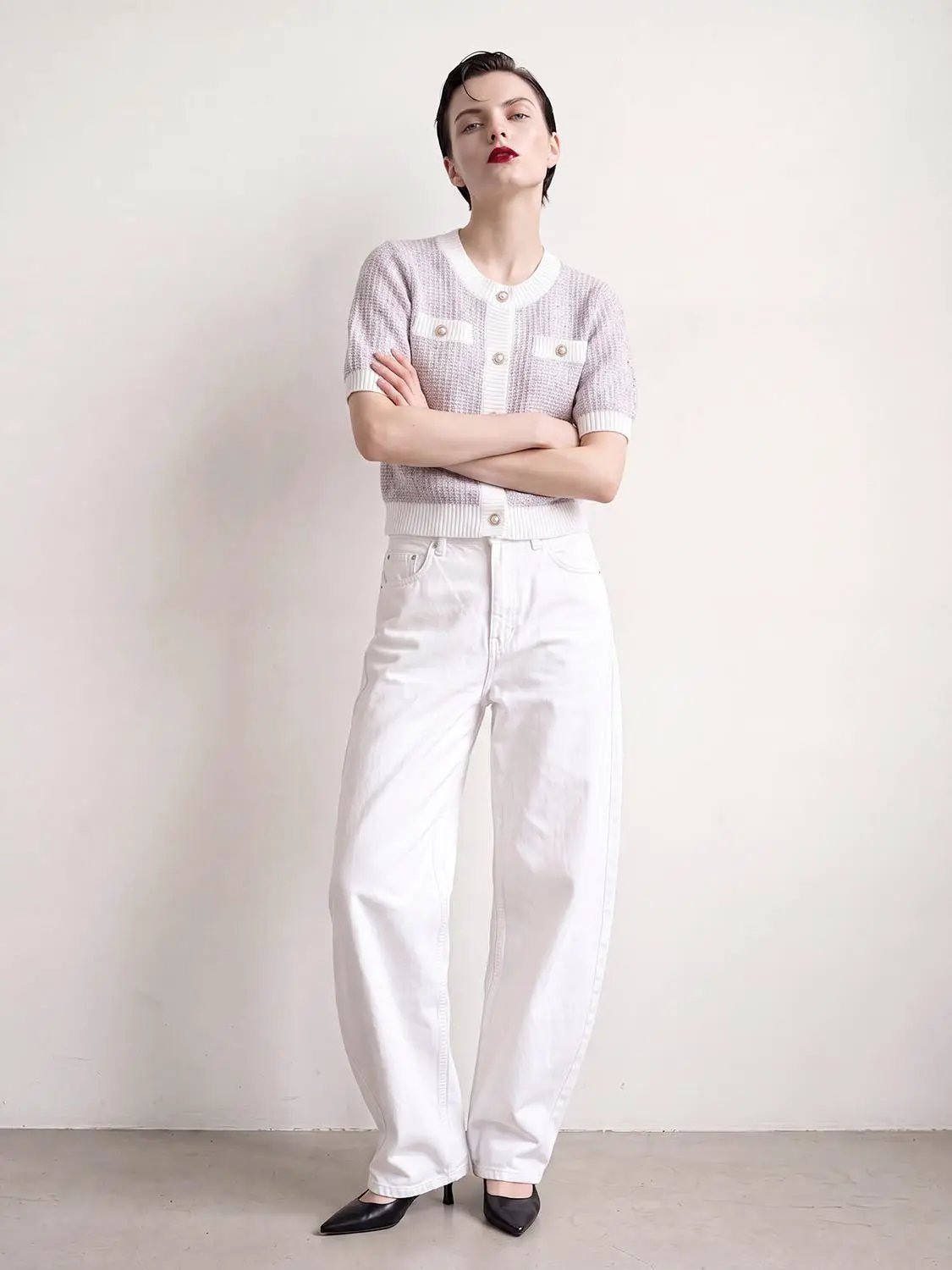 Textured Weave With Contrast Trim Cardigan, lavender knit with white trim, button front, Urban Revivo Fashion