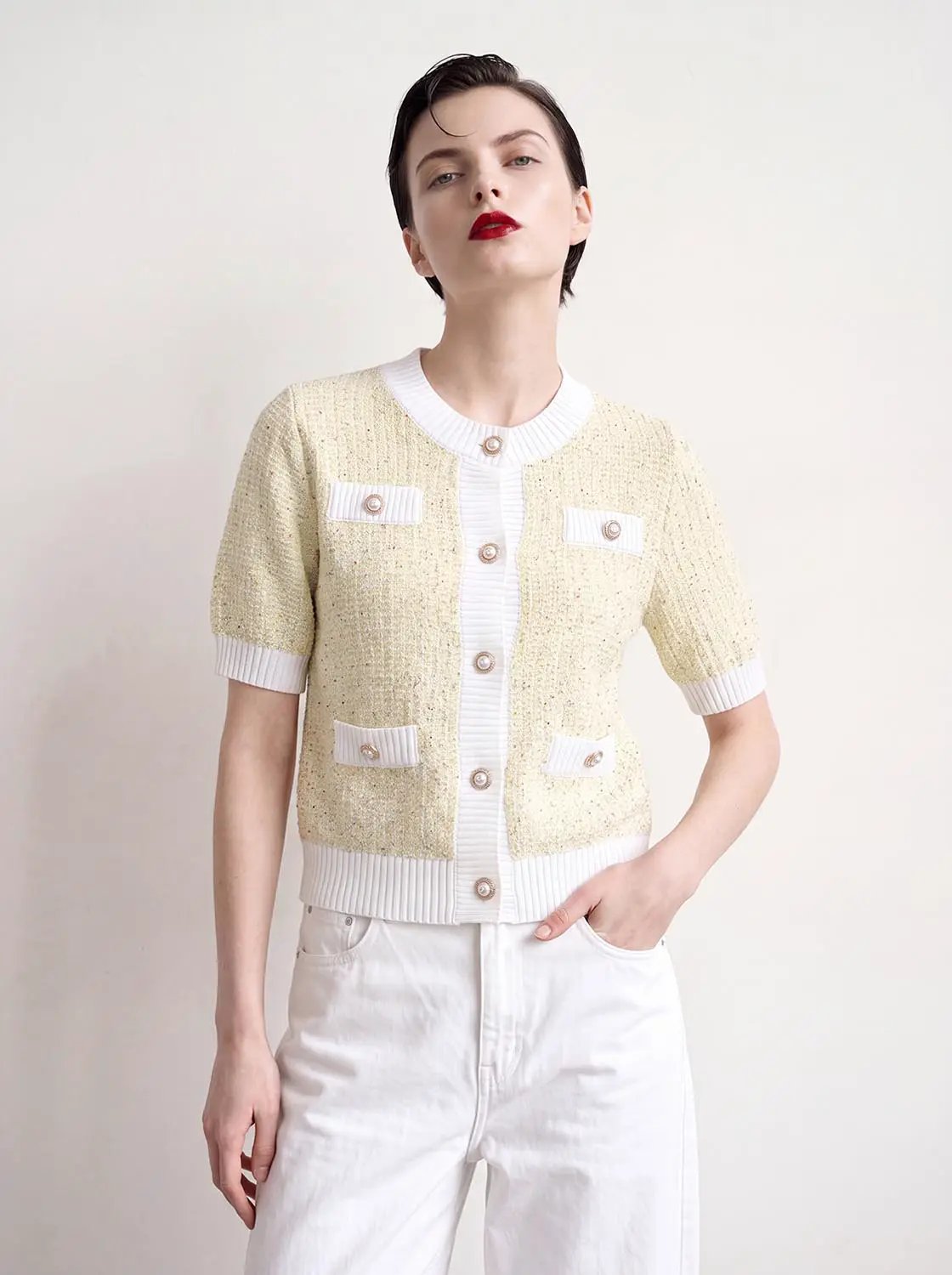 Textured Weave With Contrast Trim Cardigan by Urban Revivo Fashion, cream knit with white trim and front pockets