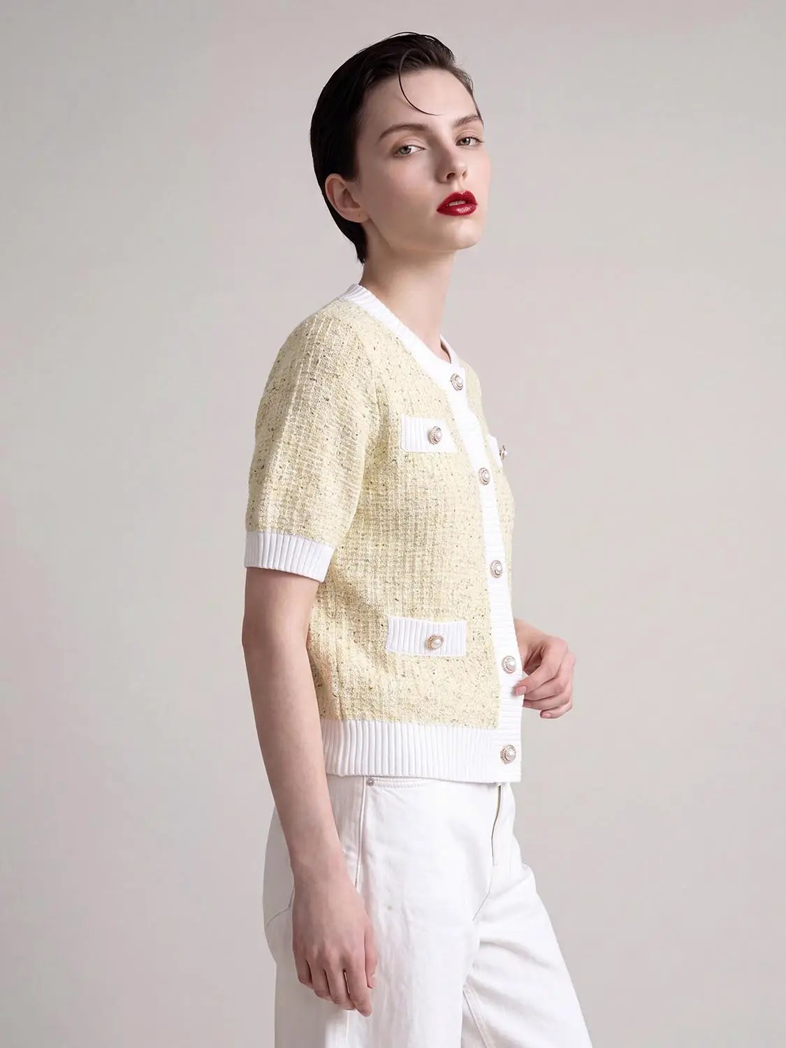 Textured weave cardigan, short-sleeve beige knit with white contrast trim and button front