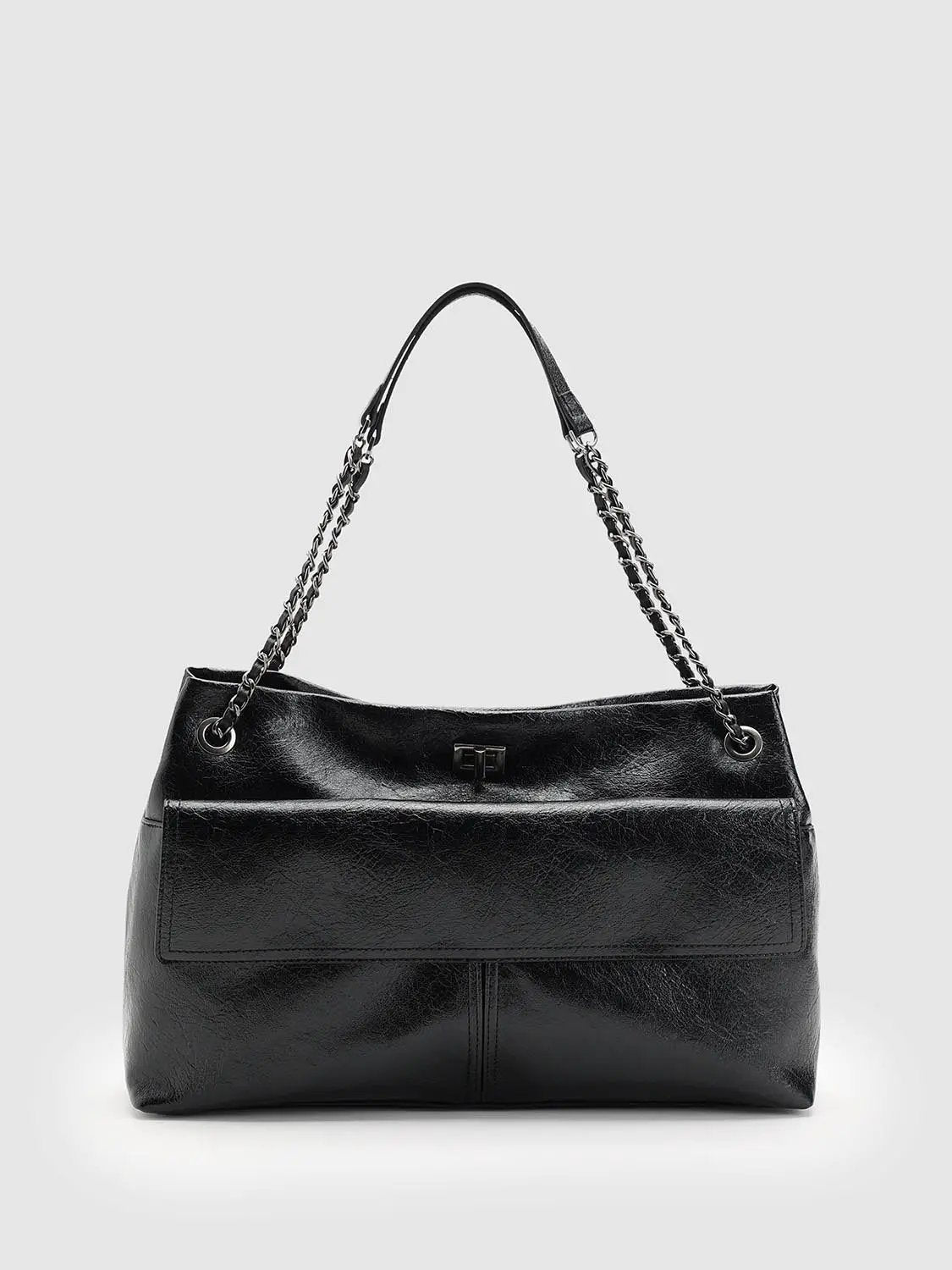 Chain hardware large-capacity faux leather shoulder bag, black with metal chain straps