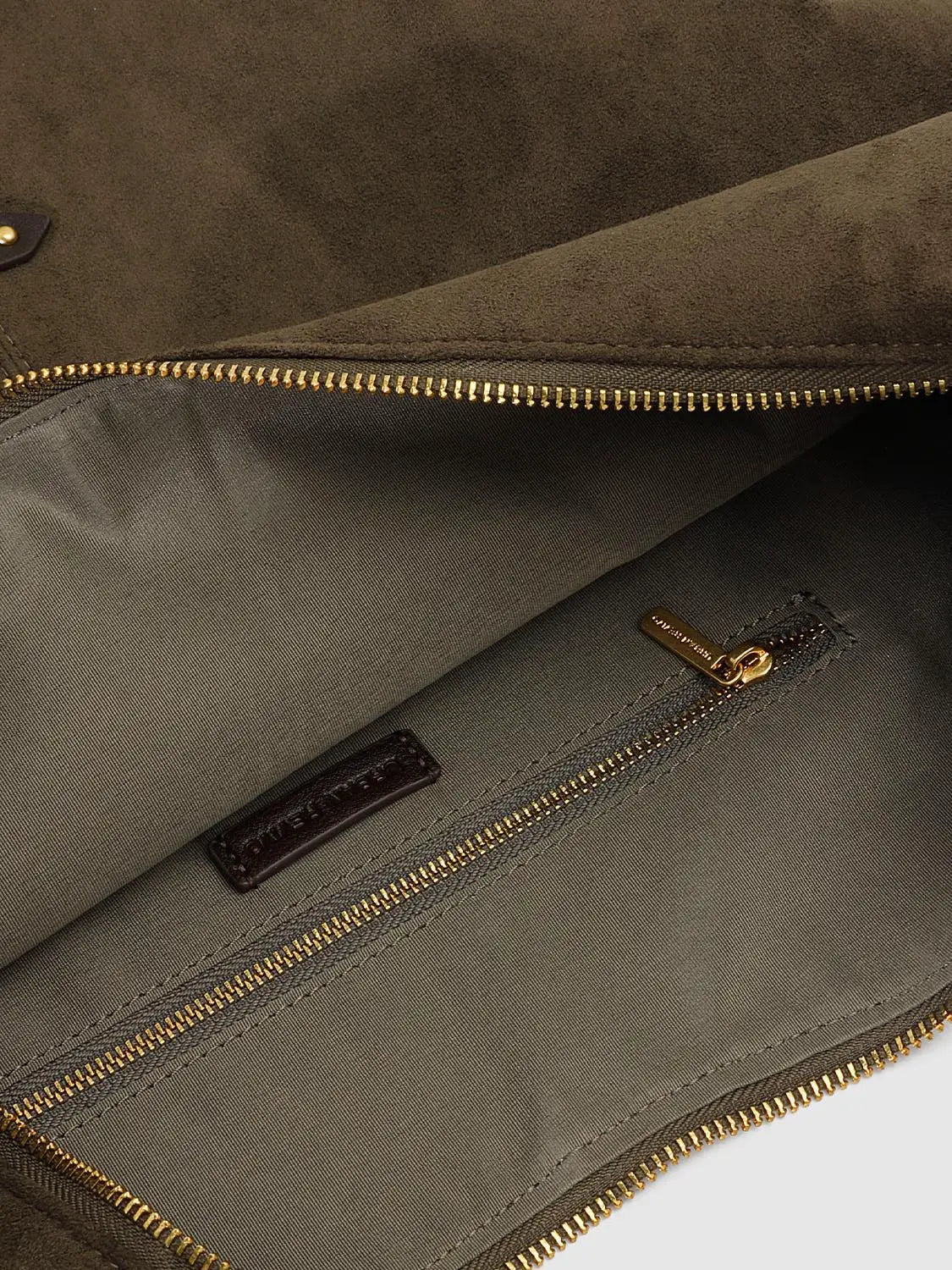 Shoulder & Crossbody Bag in brown suede with gold hardware, gray lining and interior zip pocket by Urban Revivo Fashion