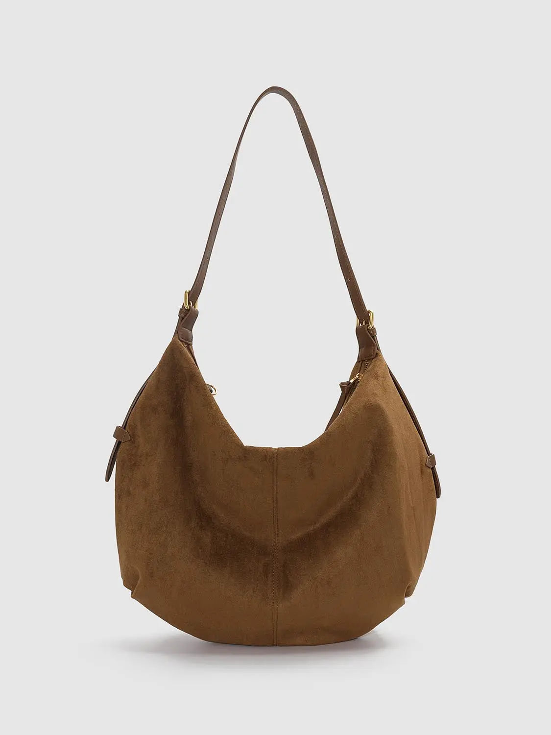Shoulder & Crossbody Bag in brown suede with long strap and gold-tone hardware