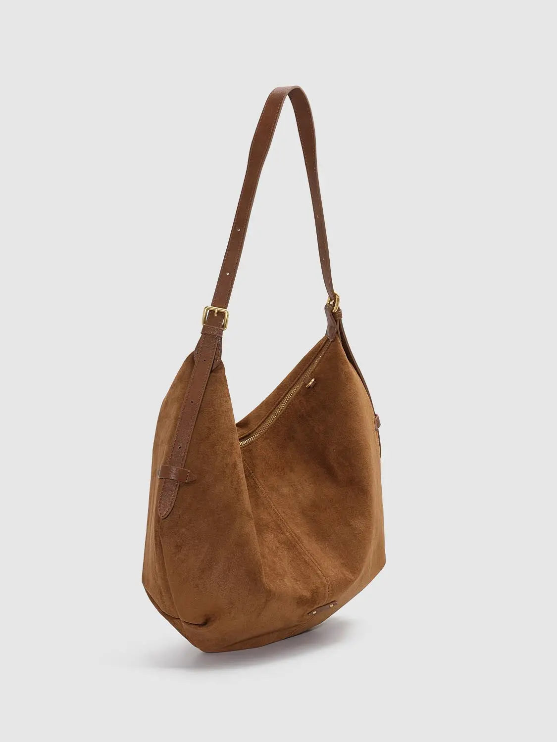 Shoulder & Crossbody Bag in brown suede with adjustable strap and gold-tone hardware.