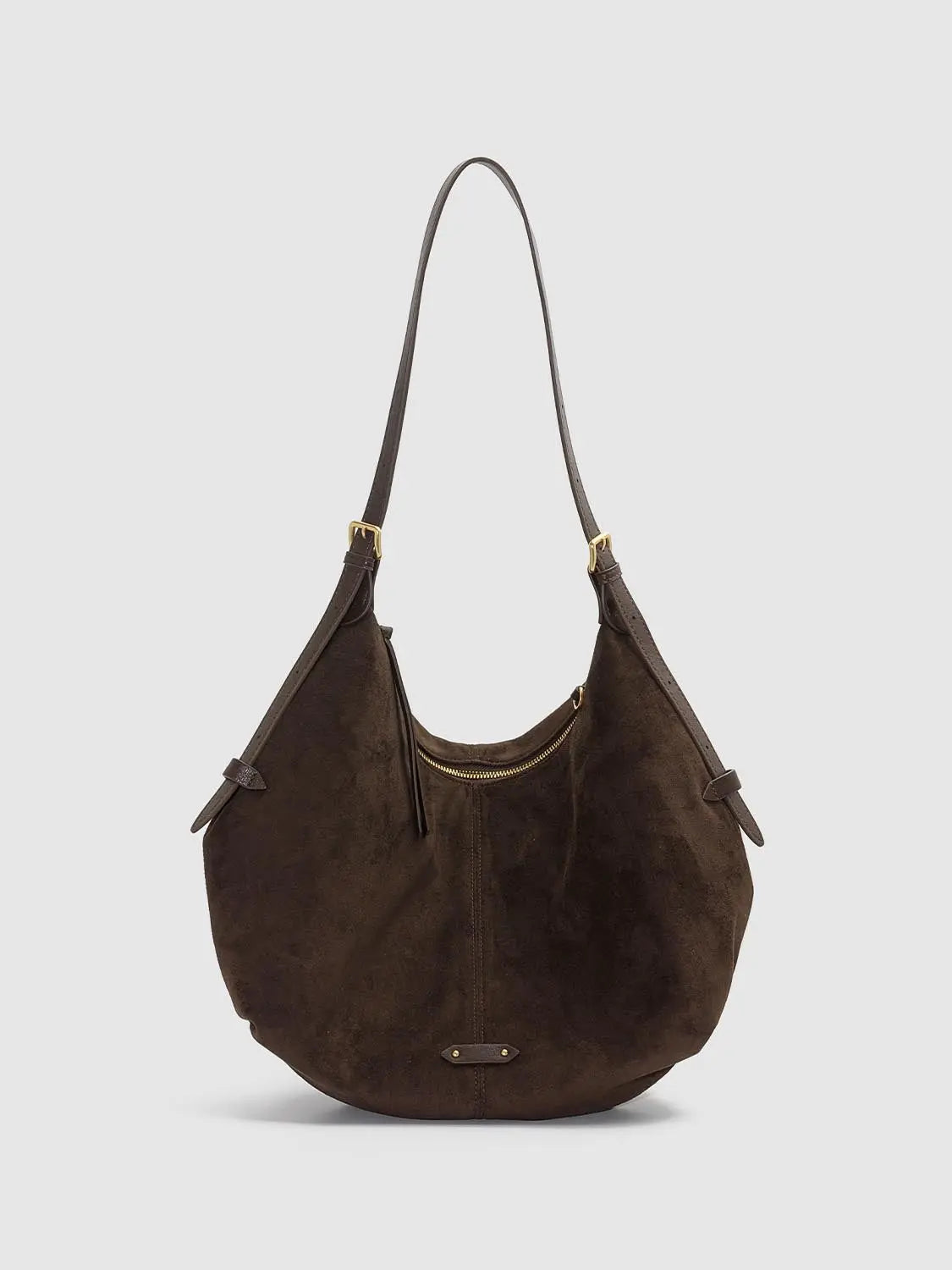 Shoulder & Crossbody Bag in dark brown suede with gold hardware