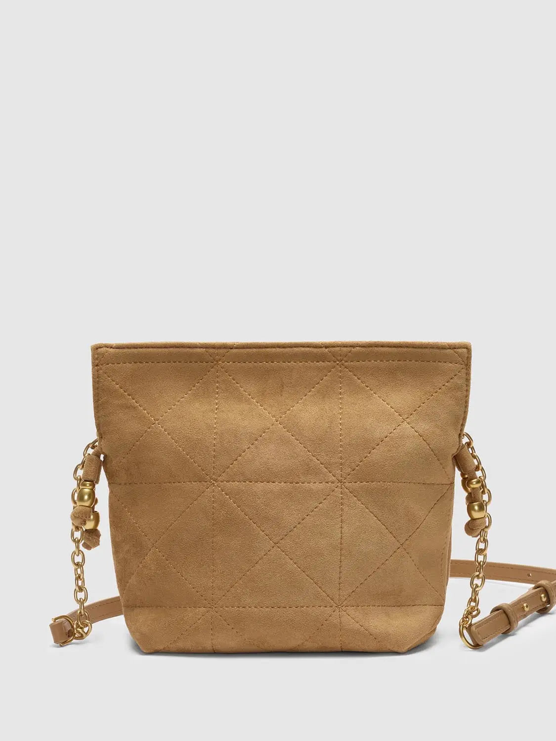 Crossbody bag by Urban Revivo Fashion, tan quilted suede with gold chain strap