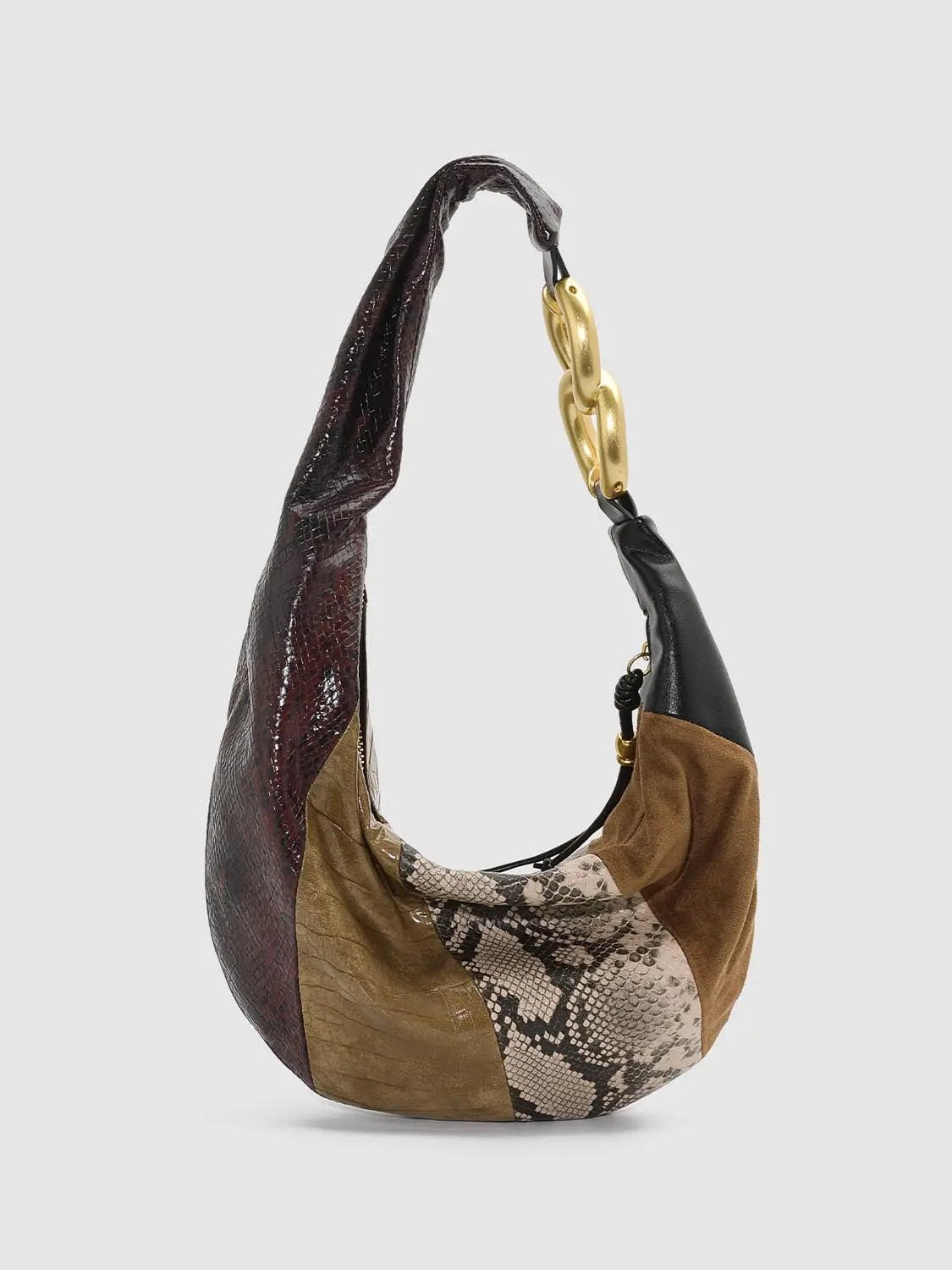 Shoulder bag by Urban Revivo Fashion; patchwork leather with snake print, brown suede and burgundy panels.