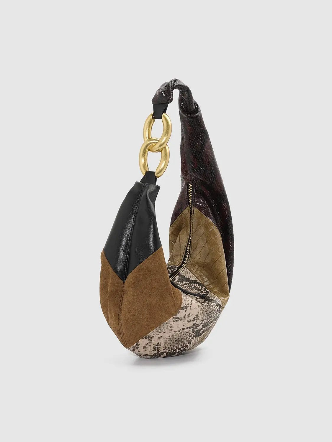 Shoulder bag by Urban Revivo Fashion with patchwork suede, black leather, and snakeskin, gold chain strap.