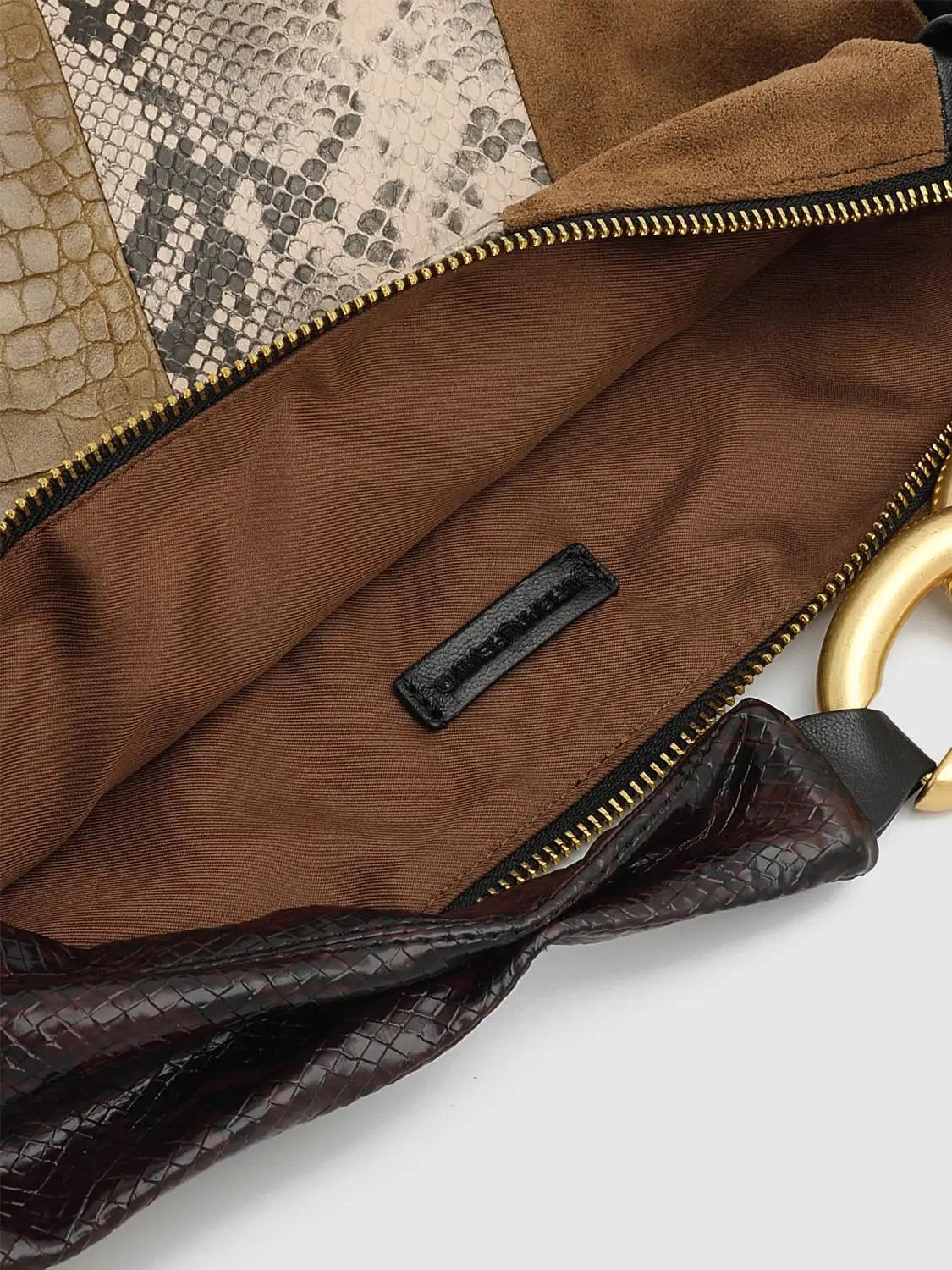 Shoulder bag by Urban Revivo Fashion with snakeskin panels, brown lining and gold zipper hardware.