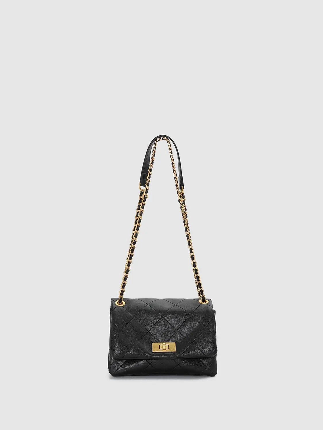 Shoulder & Crossbody Bag, black quilted leather with gold-tone chain strap and turn-lock hardware, Urban Revivo Fashion