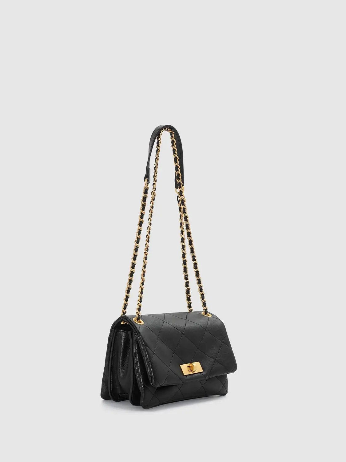Shoulder & Crossbody Bag in black quilted leather with gold-tone chain strap by Urban Revivo Fashion.