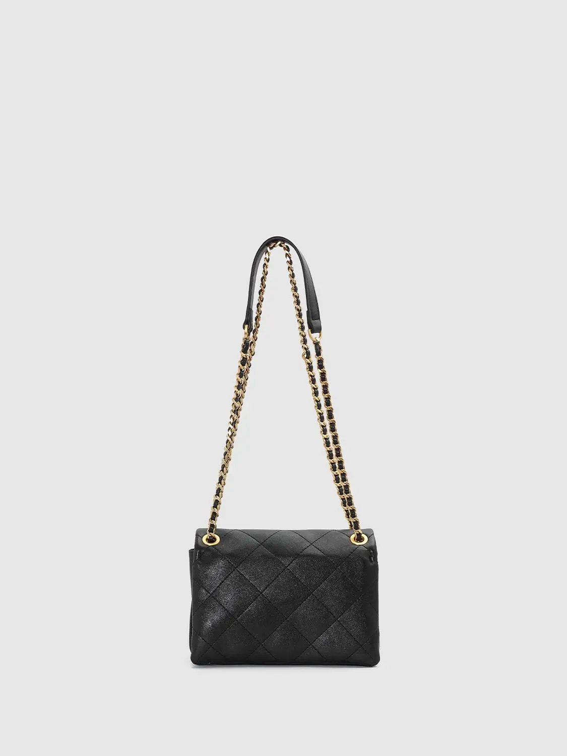 Shoulder & Crossbody bag in black quilted leather with a gold chain strap by Urban Revivo Fashion.