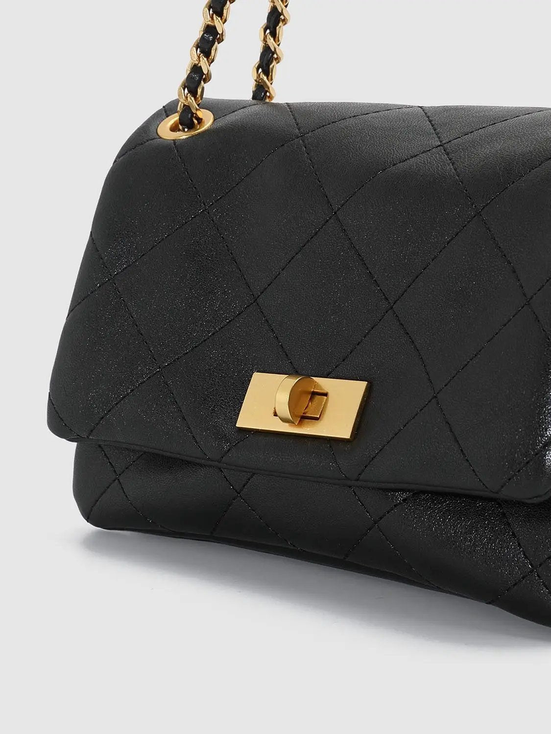 Shoulder & Crossbody Bag in black quilted faux leather with gold-tone hardware and chain strap, Urban Revivo Fashion