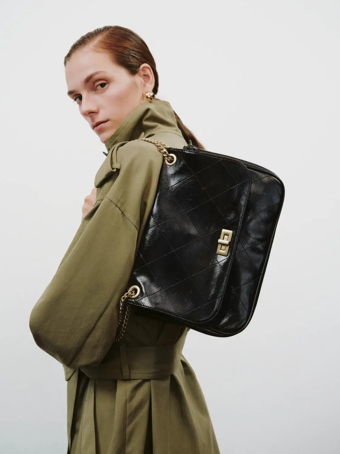 Shoulder & Crossbody Bag by Urban Revivo Fashion, black quilted leather with gold chain strap
