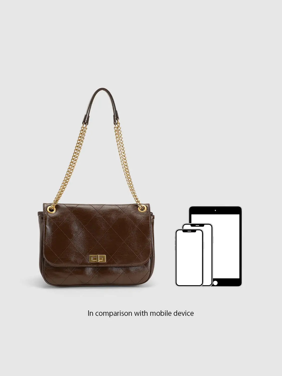Shoulder & Crossbody Bag, brown quilted leather with gold chain strap and turn-lock clasp