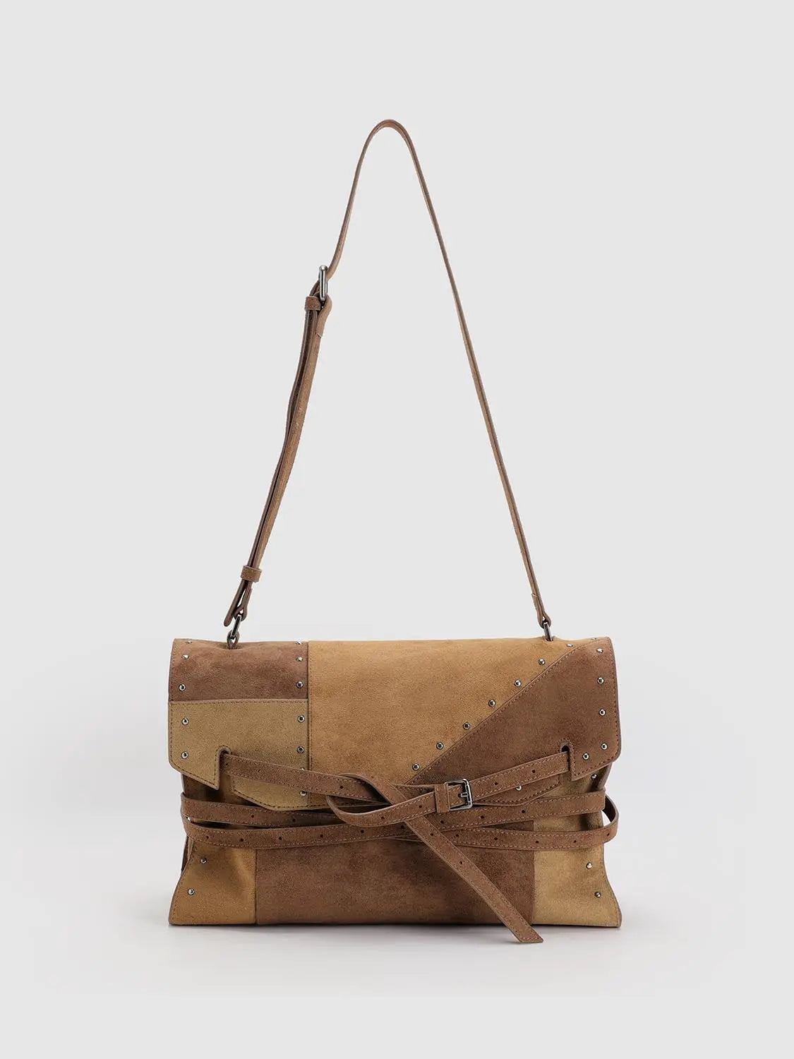 Shoulder & Crossbody Bag in tan suede patchwork with studs and wrap straps