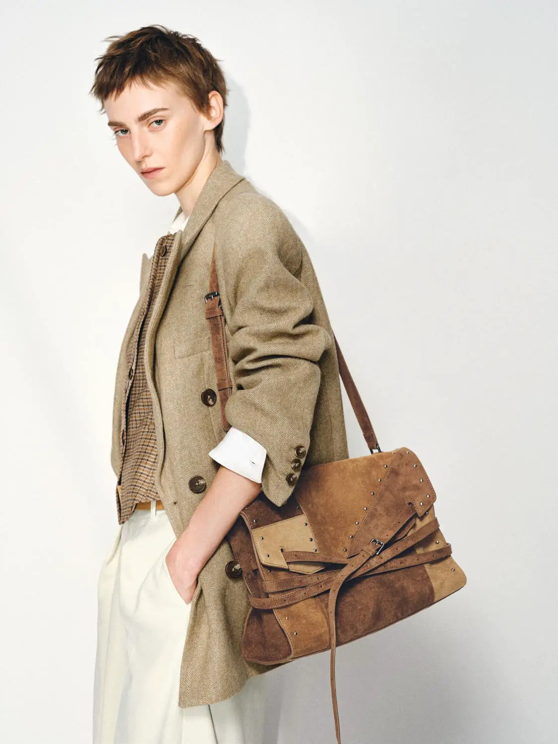 Shoulder & crossbody bag by Urban Revivo Fashion in brown suede leather with studded straps
