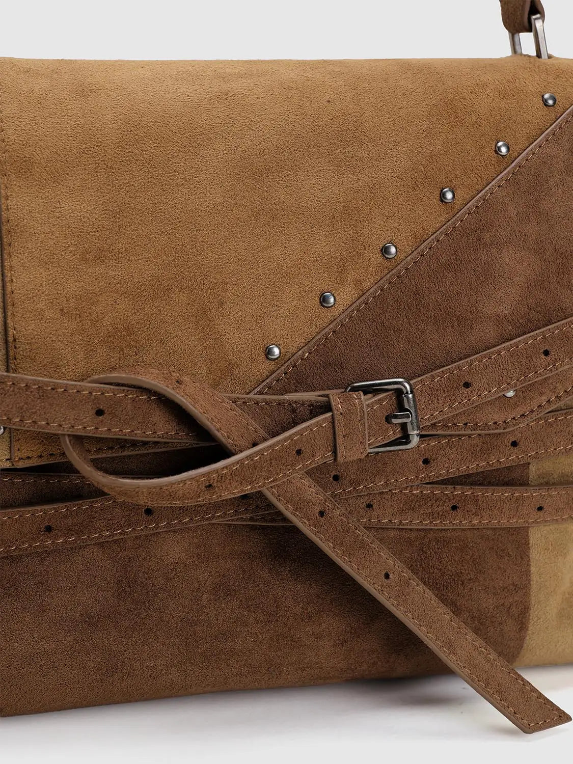 Shoulder & Crossbody Bag, brown suede with metal studs and a buckled strap