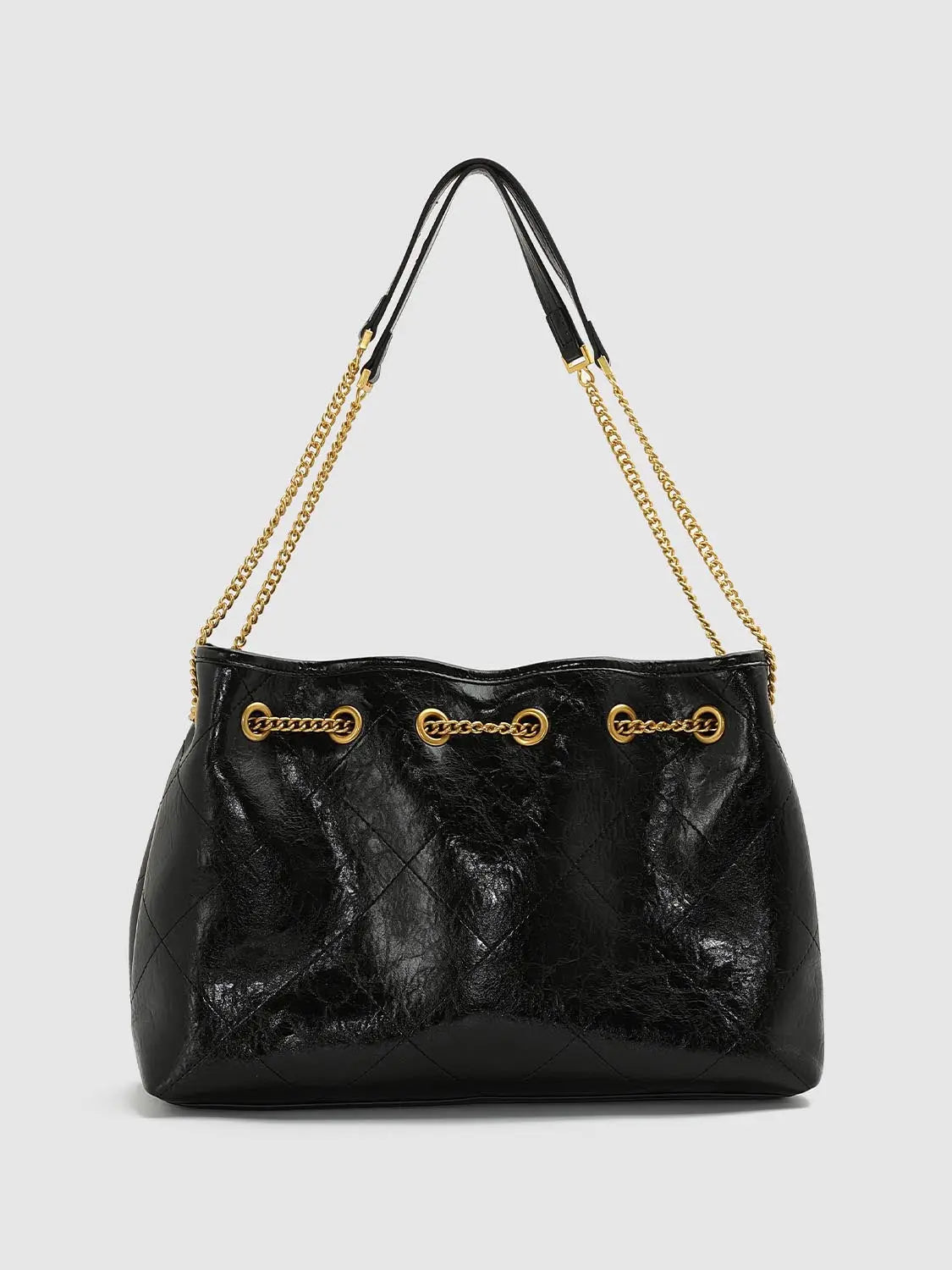 Shoulder & crossbody bag in black patent leather with gold chain straps and grommet details