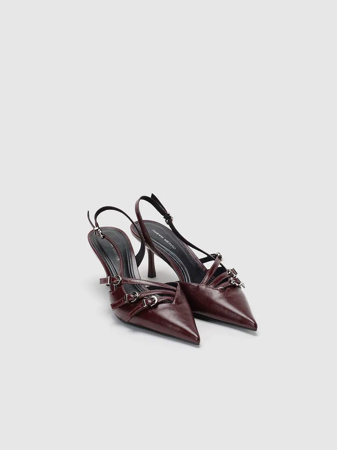 Slingback shoes, burgundy leather with pointed-toe and buckled straps, Urban Revivo Fashion pair