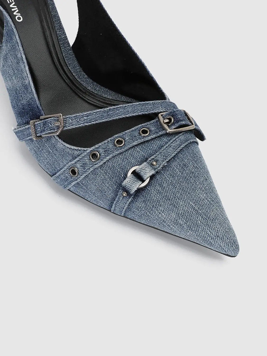 Blue denim slingback heel by Urban Revivo Fashion with pointed toe and buckled strap.
