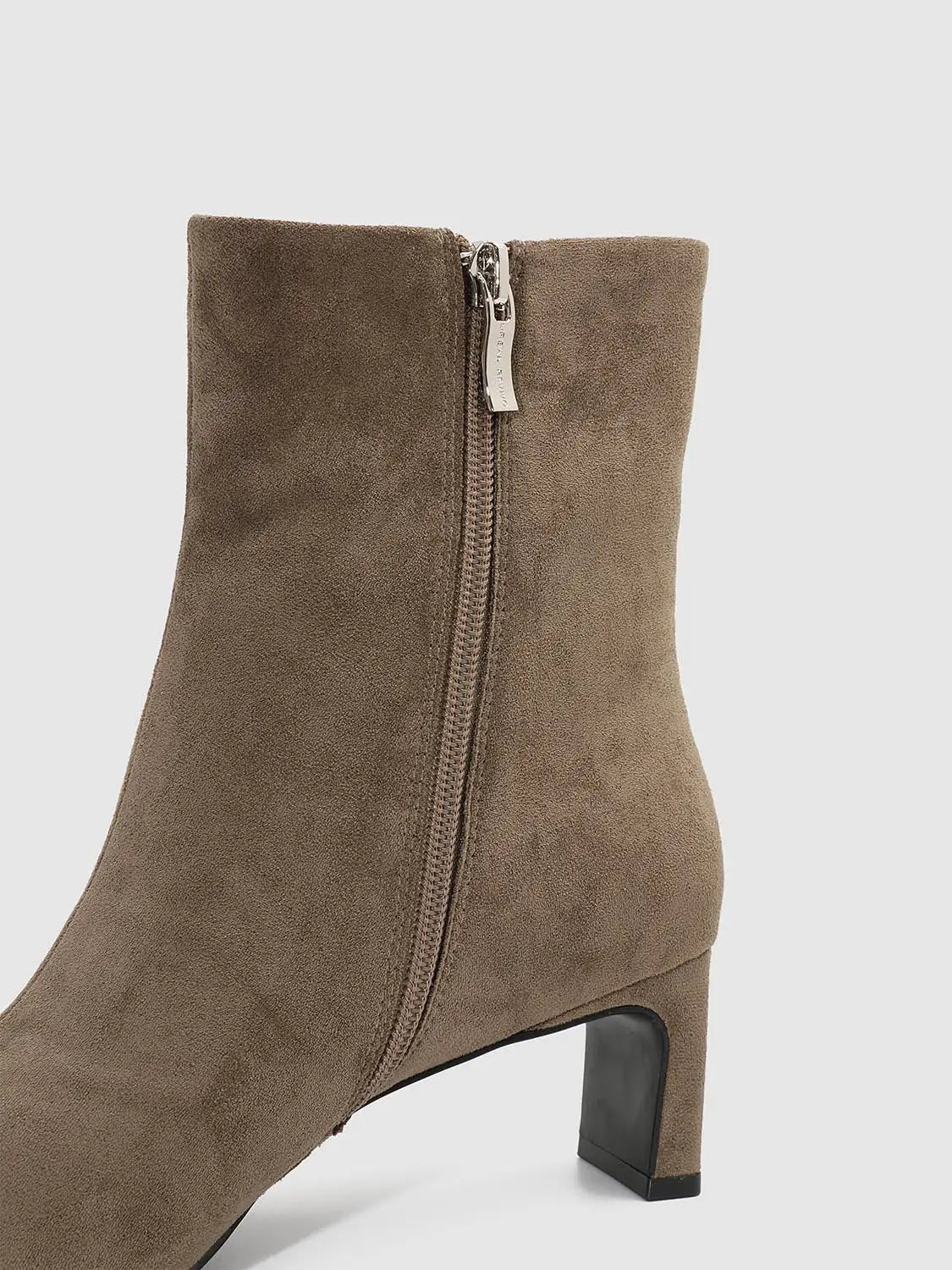 Boots brown suede ankle boot with side zip and chunky square heel.