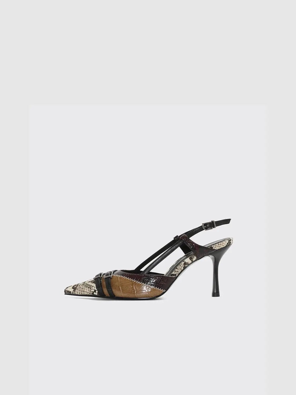 Slingback shoe with brown snakeskin patchwork, pointed toe, and slim black heel.