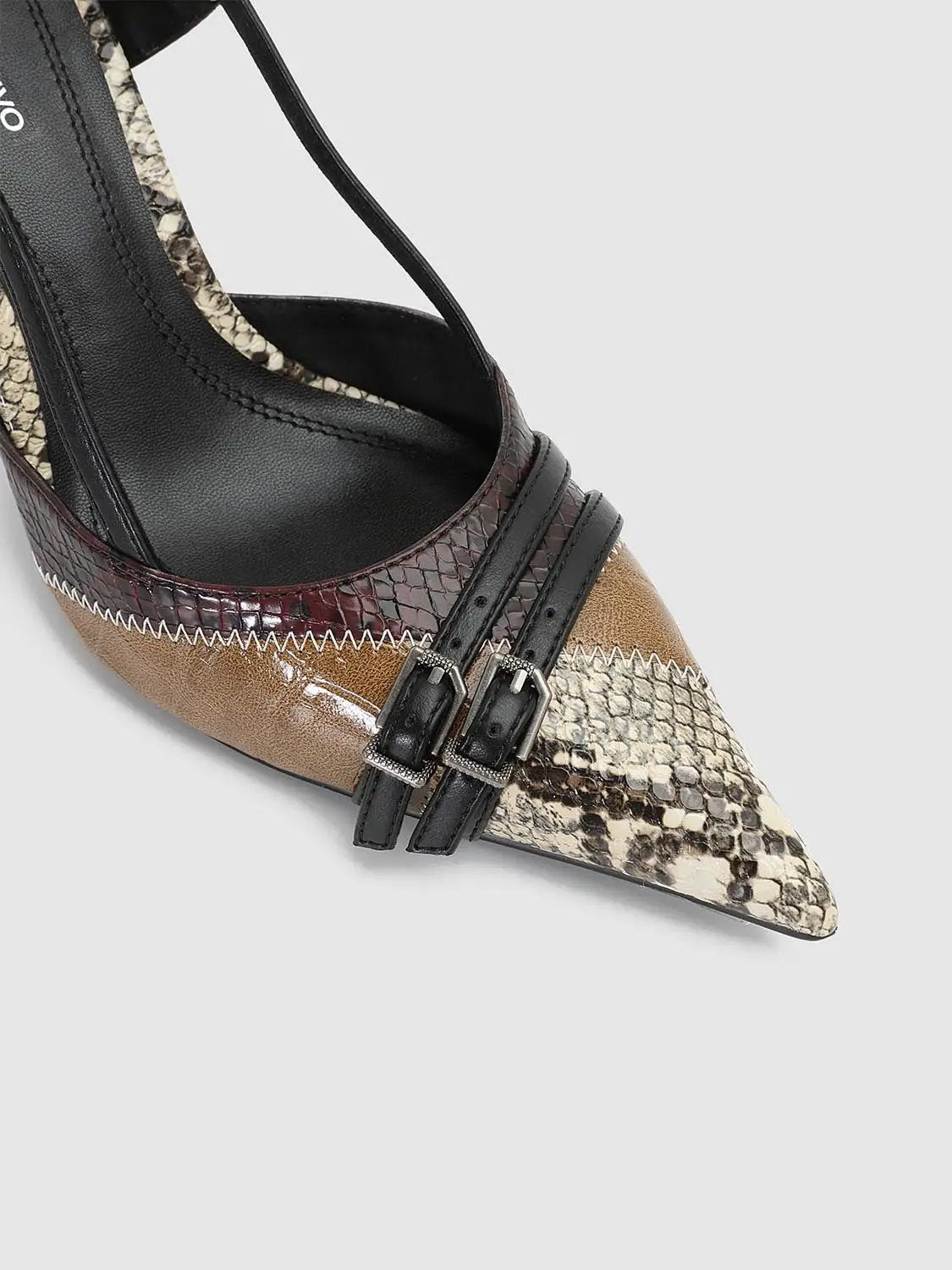 Slingback shoe by Urban Revivo with pointed snakeskin toe, black straps and dual buckles