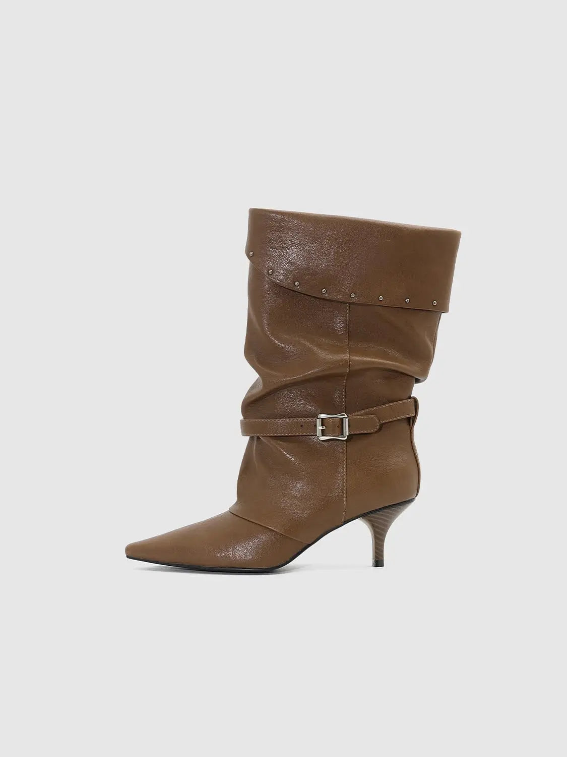 Boots: brown leather slouch boot with buckle strap and studded cuff, Urban Revivo Fashion.