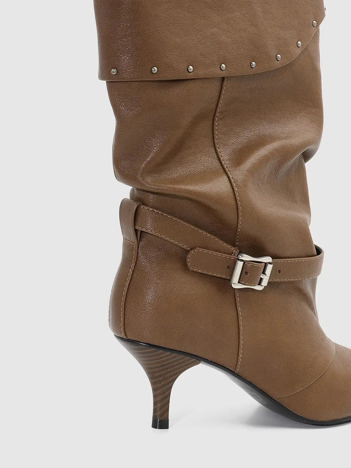 Boots brown leather knee-high with studded cuff and ankle buckle strap, kitten heel.