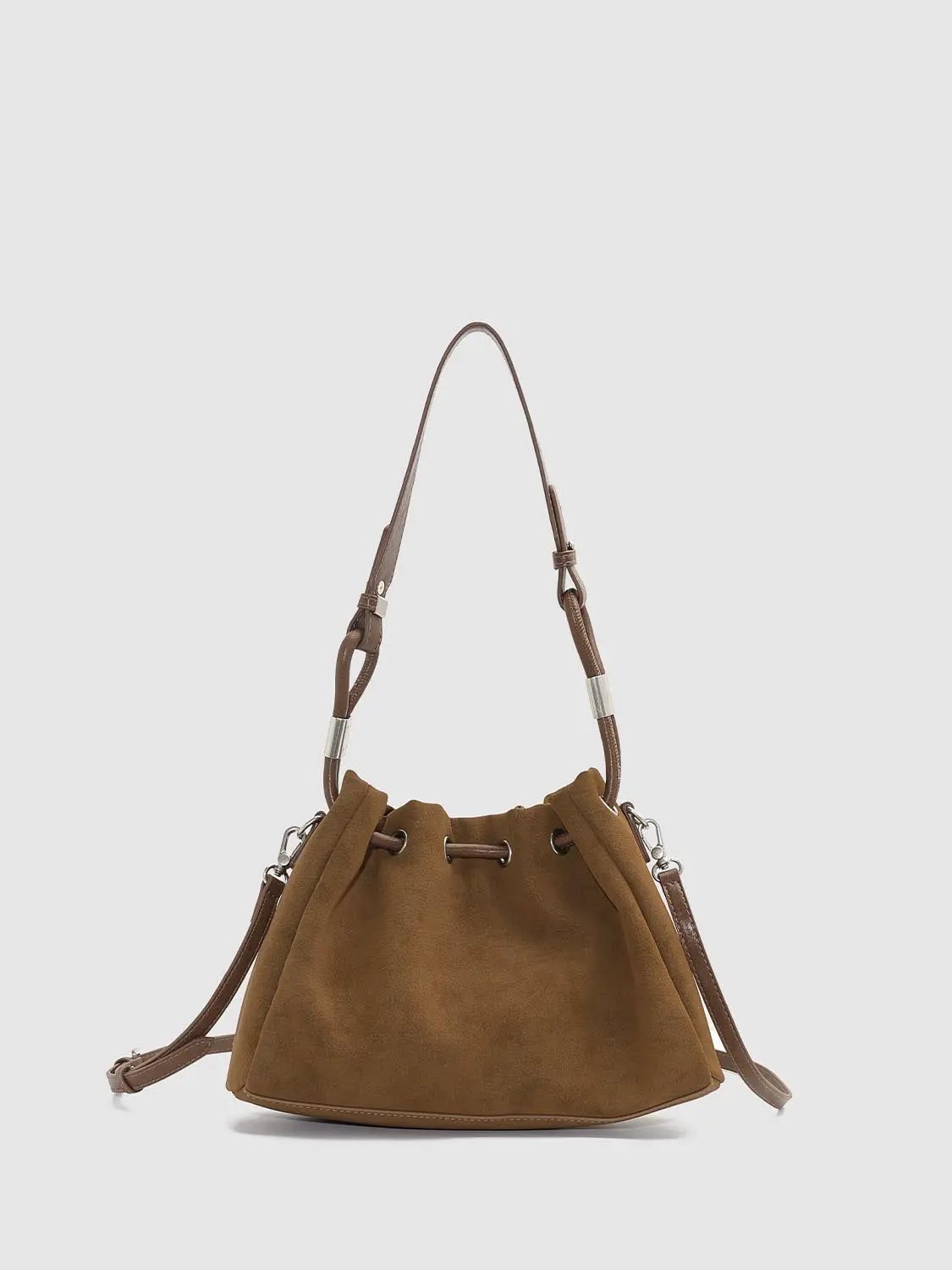Shoulder & Crossbody Bag by Urban Revivo Fashion, brown suede with drawstring top and silver hardware