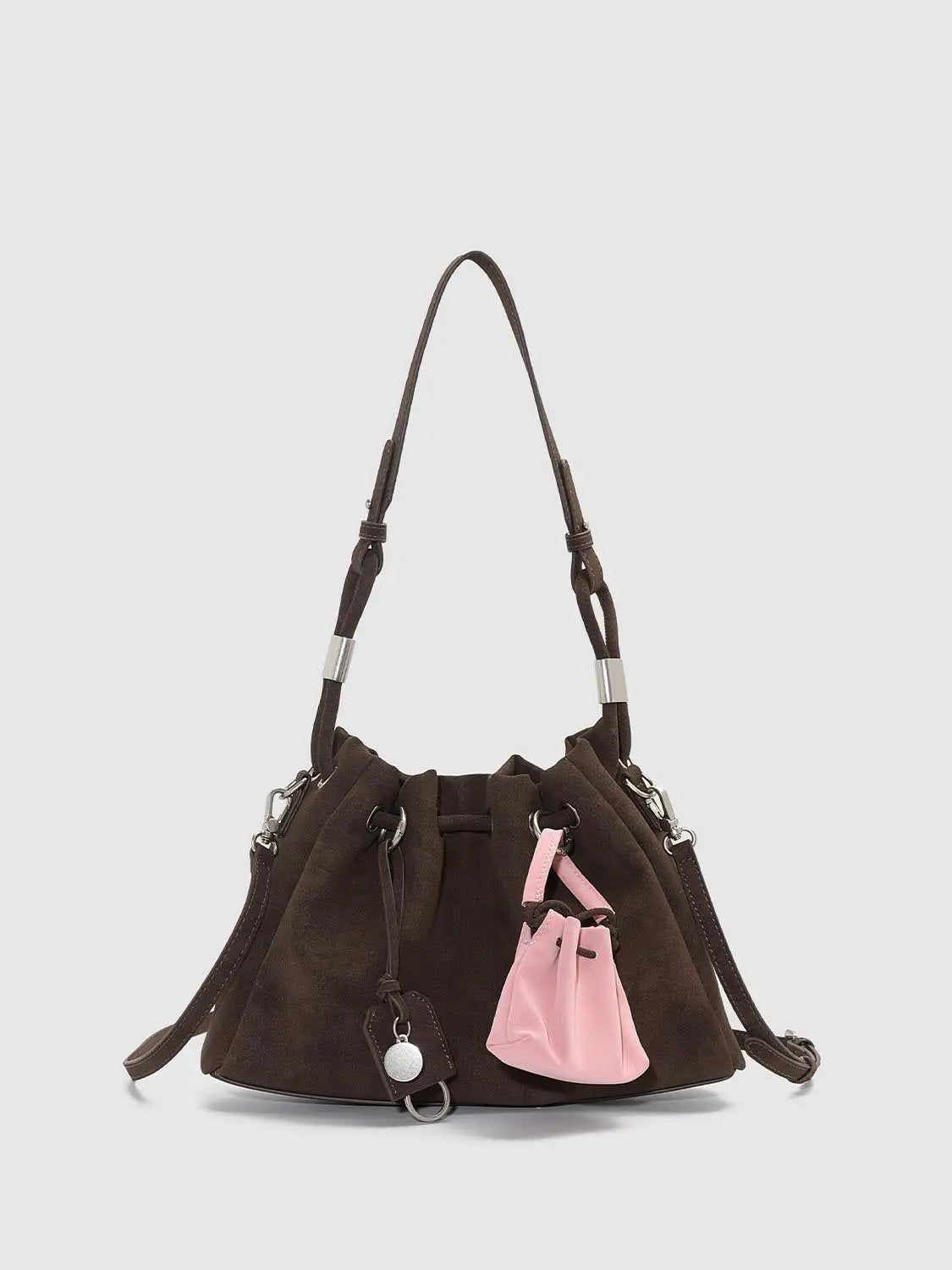 Shoulder & crossbody bag in brown suede with pink mini pouch charm