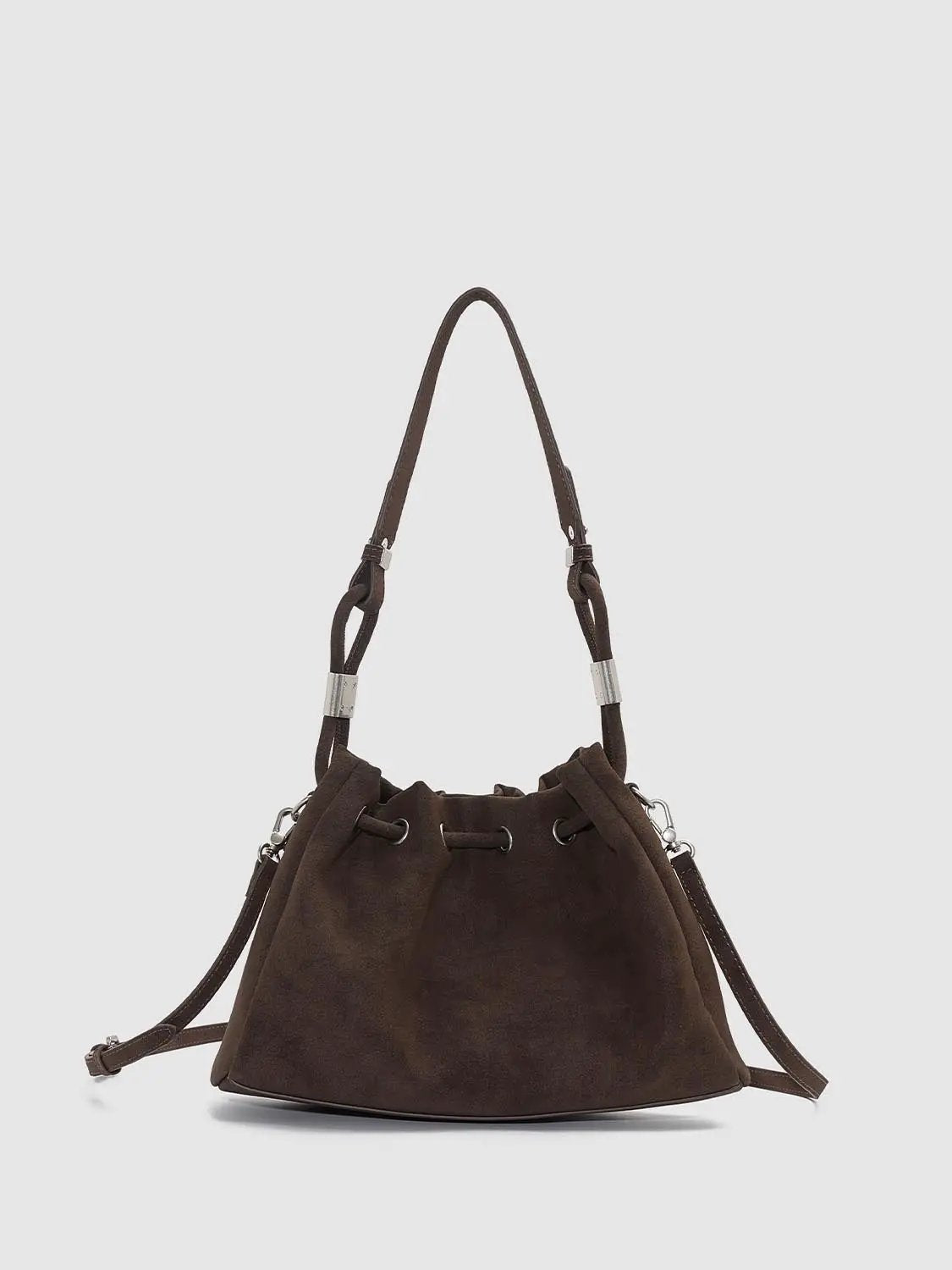 Shoulder & Crossbody Bag in brown suede with drawstring closure and silver hardware