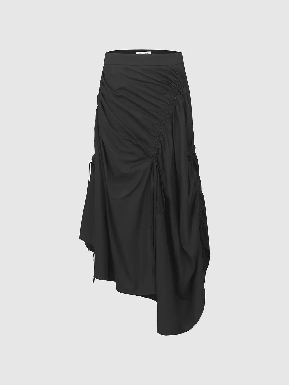 High-Waisted Ruched Drawstring Cotton A-Line Skirt, black with irregular hem, Urban Revivo Fashion