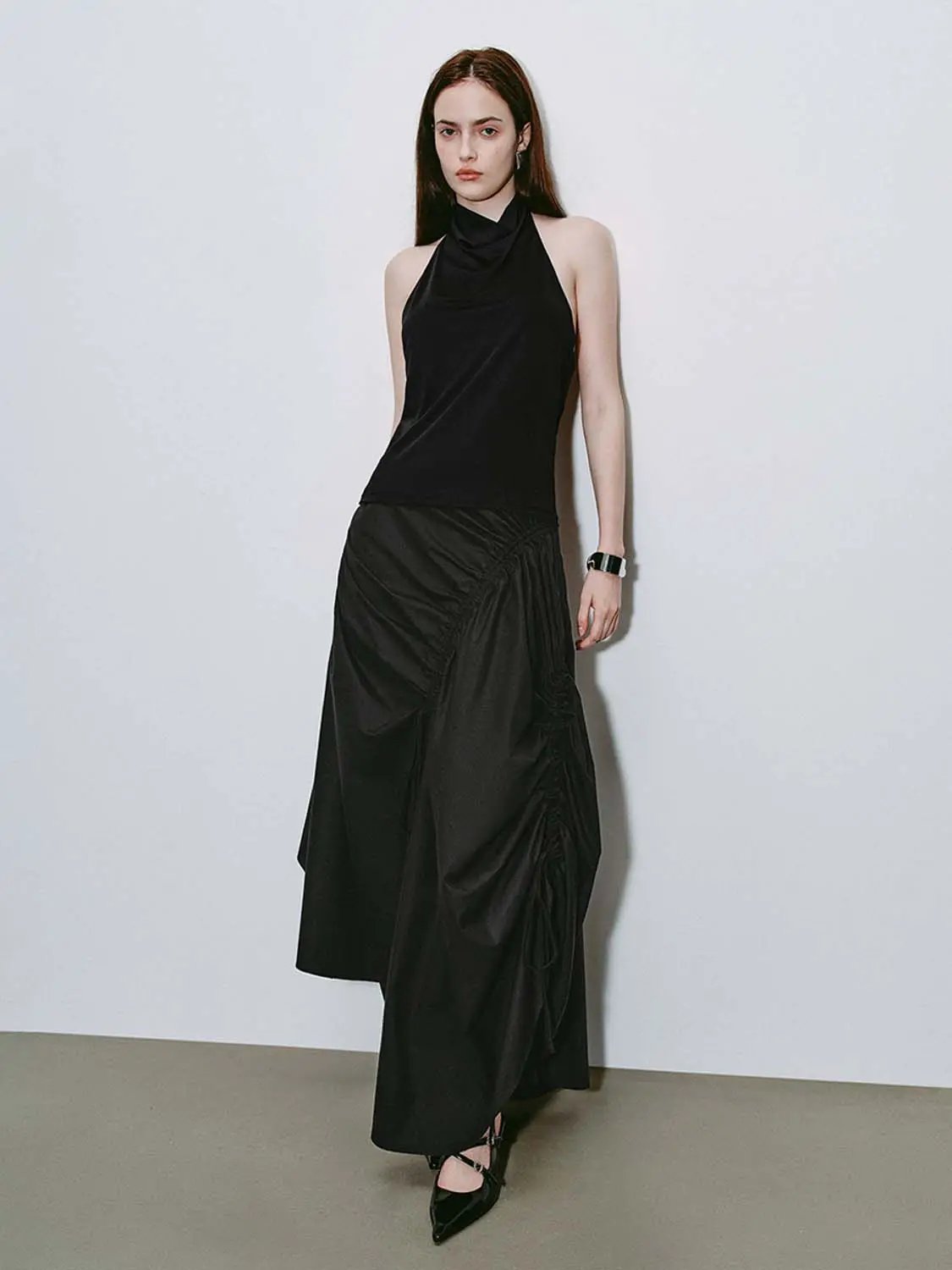 High-Waisted Ruched Drawstring Slit Irregular Hem A-Line Cotton Skirt in black.