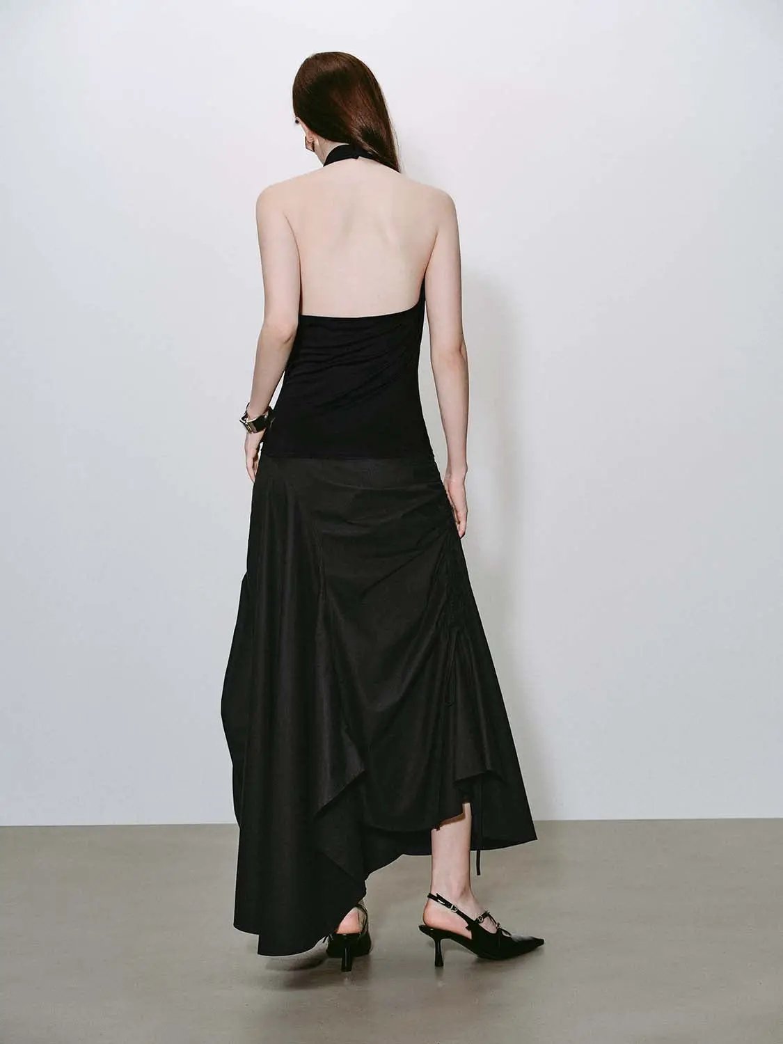 High-Waisted Ruched Drawstring Slit Irregular Hem A-Line Cotton Skirt in black Urban Revivo Fashion