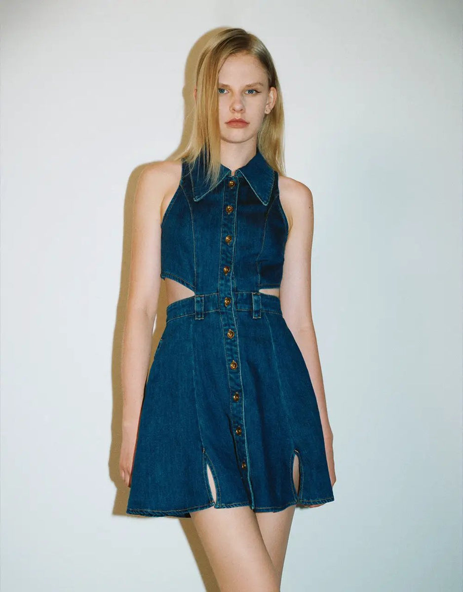 Cut-Out Sleeveless Denim Dress – URBAN REVIVO