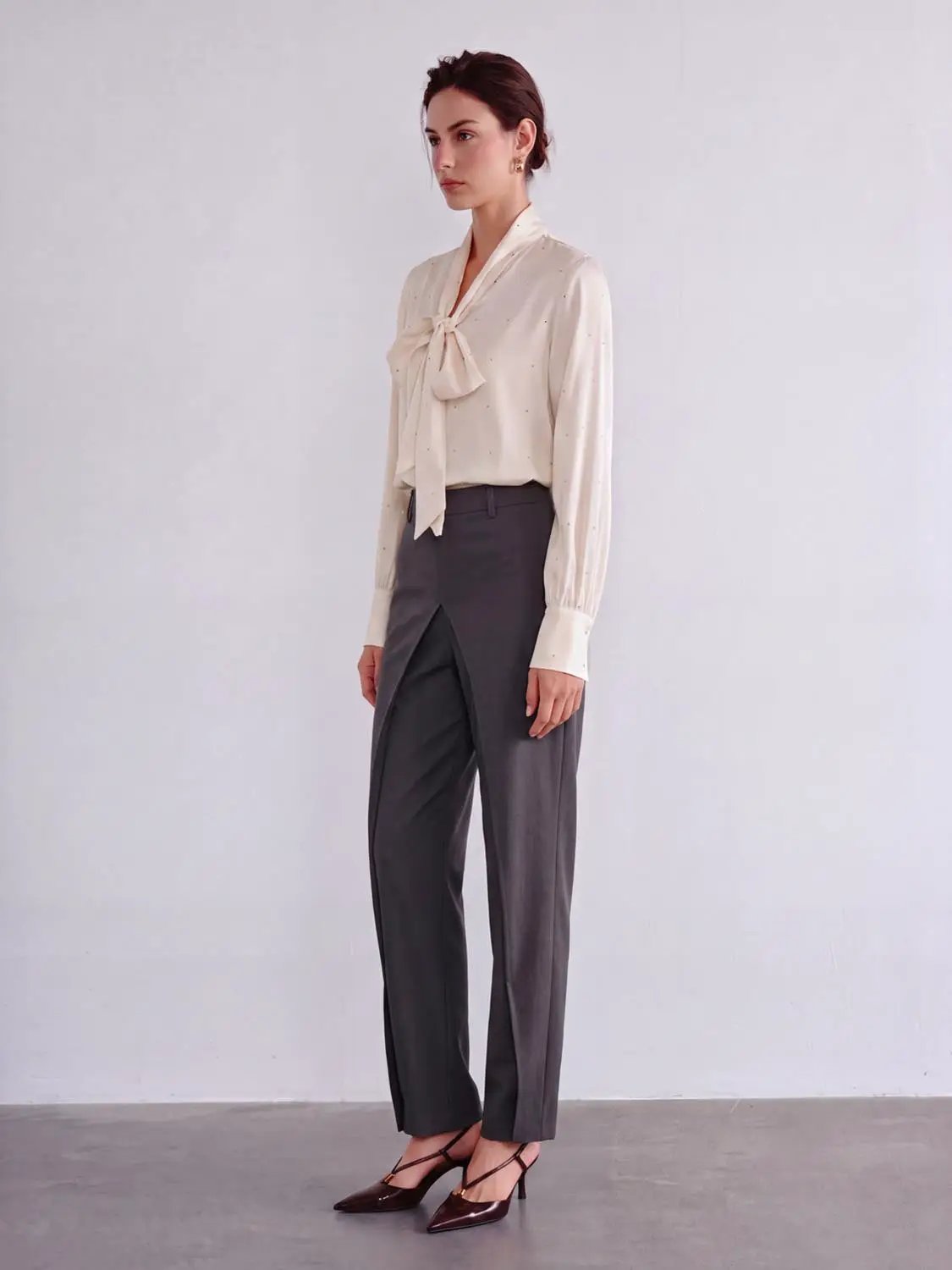 Split Front Draped High-Waist Wide-Leg Pants by Urban Revivo Fashion in charcoal grey