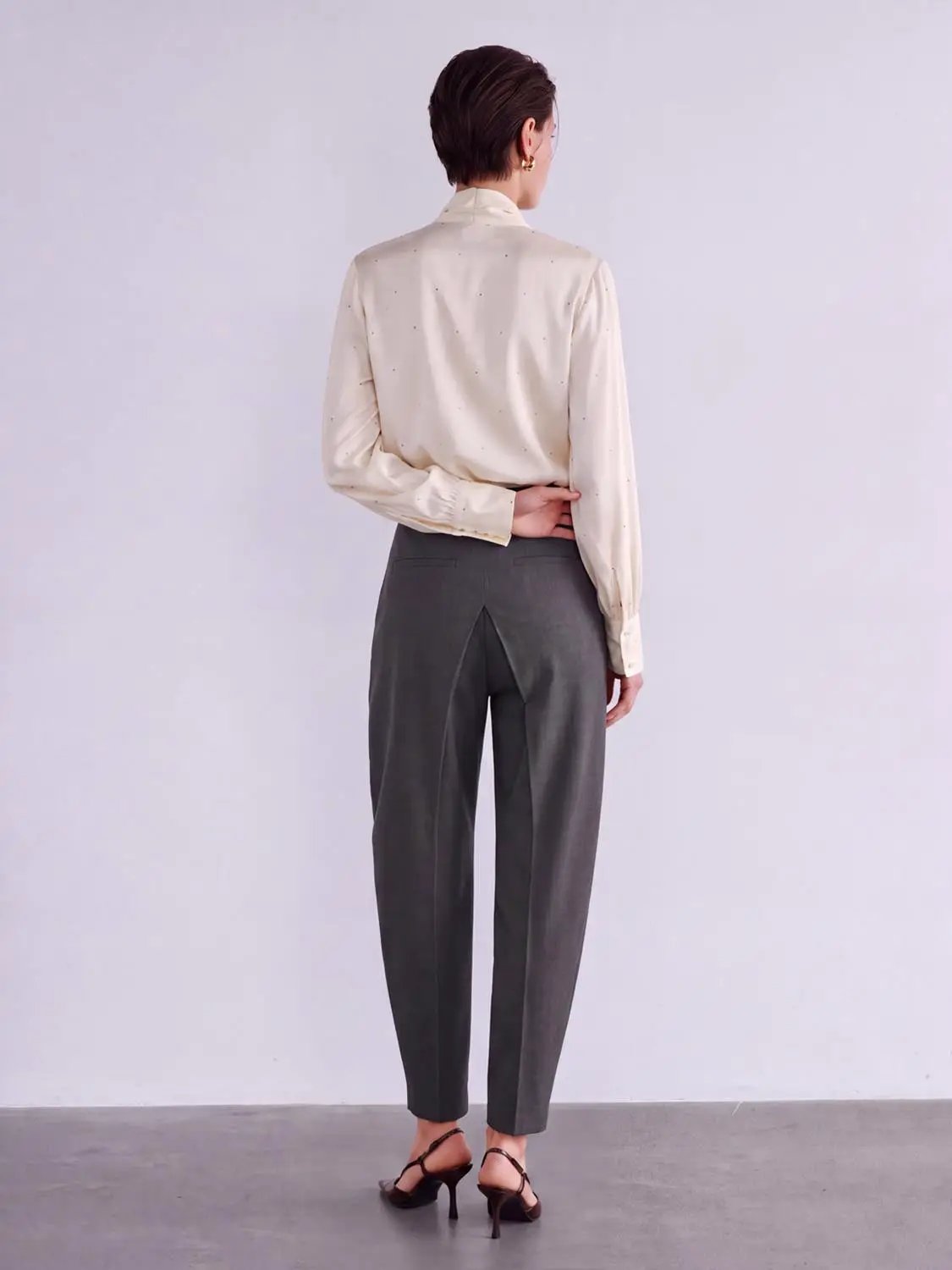 Split Front Draped High Waist Wide-Leg Pants in gray