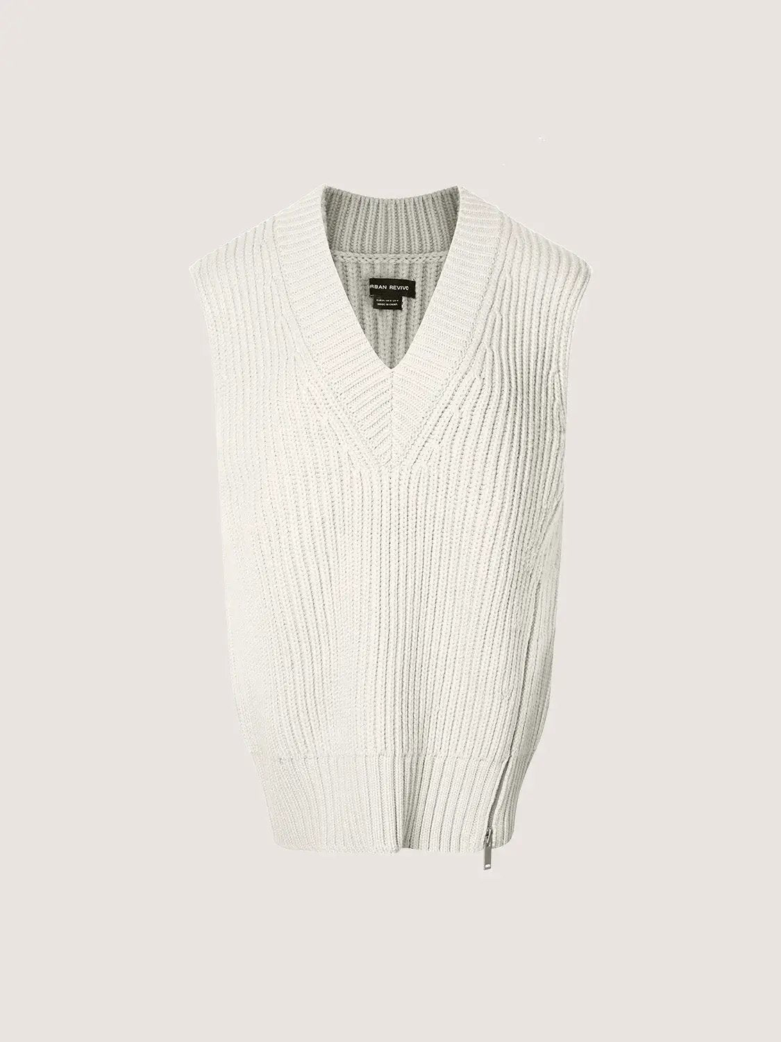 Loose V-Neck Knitted Vest in cream knit with side zip, Urban Revivo Fashion