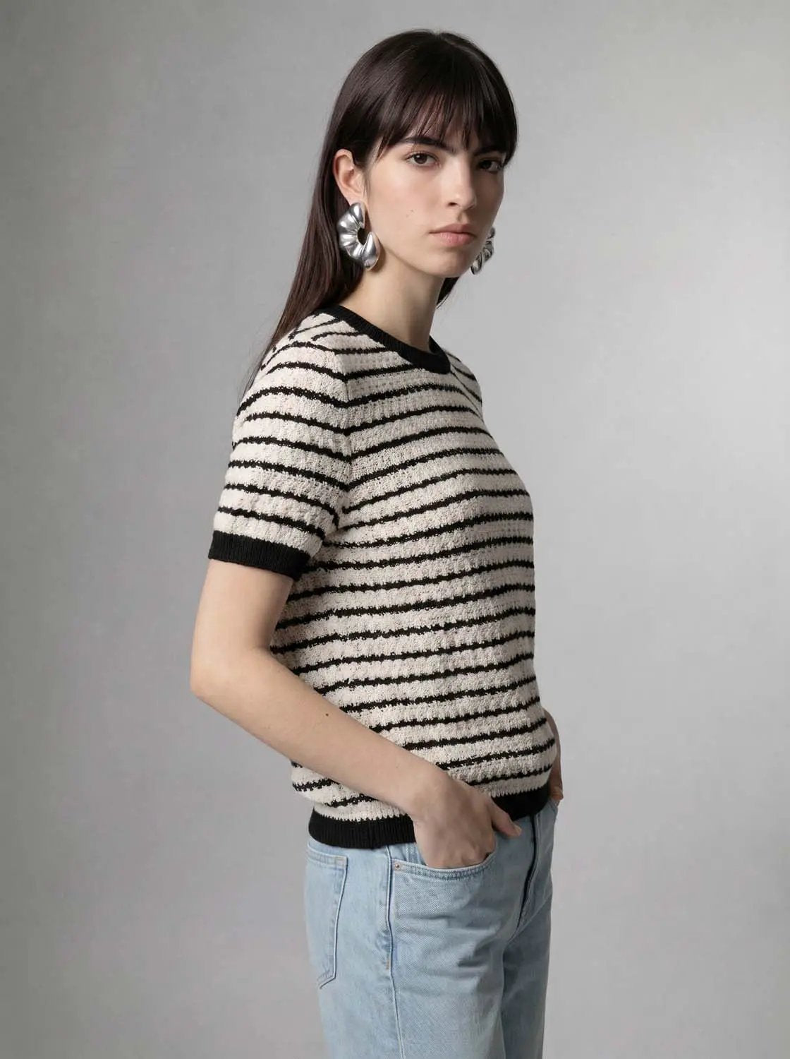 Round neck striped knit cotton T-shirt by Urban Revivo Fashion; short sleeves, black and white stripes.