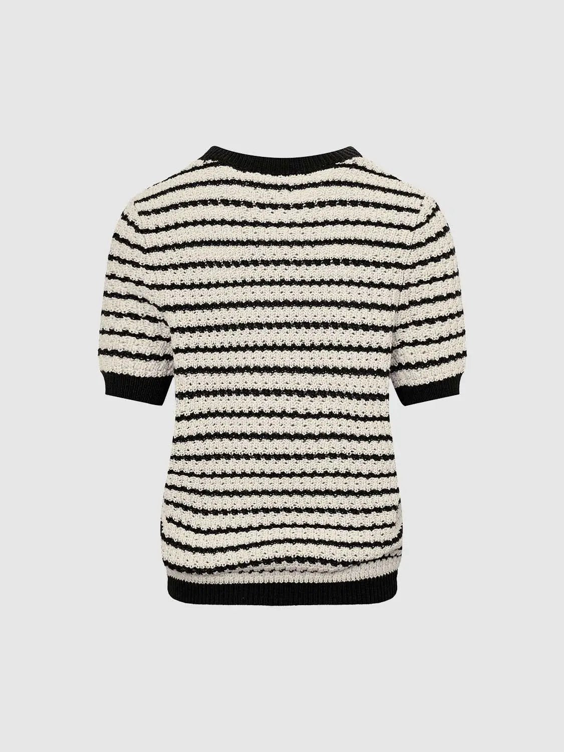 Round Neck Striped Knit Short Sleeve Cotton T-Shirt by Urban Revivo Fashion in black and white stripes