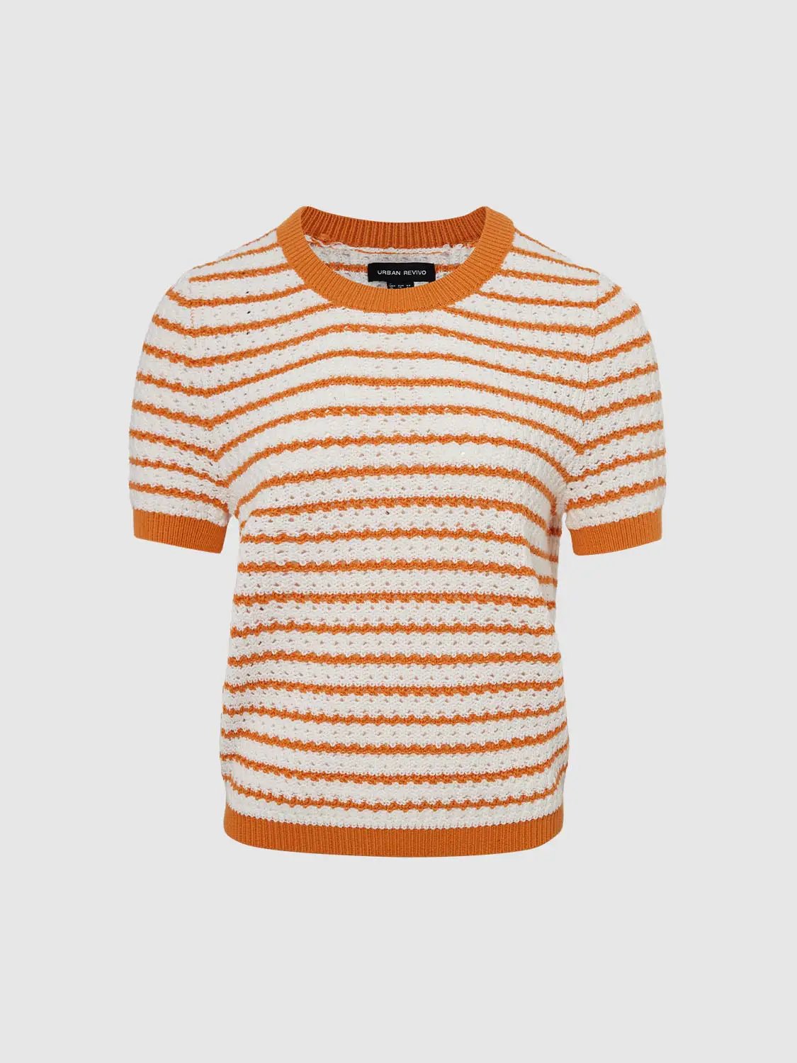 Round-neck striped knit cotton T-shirt, short sleeves, orange and white, Urban Revivo Fashion