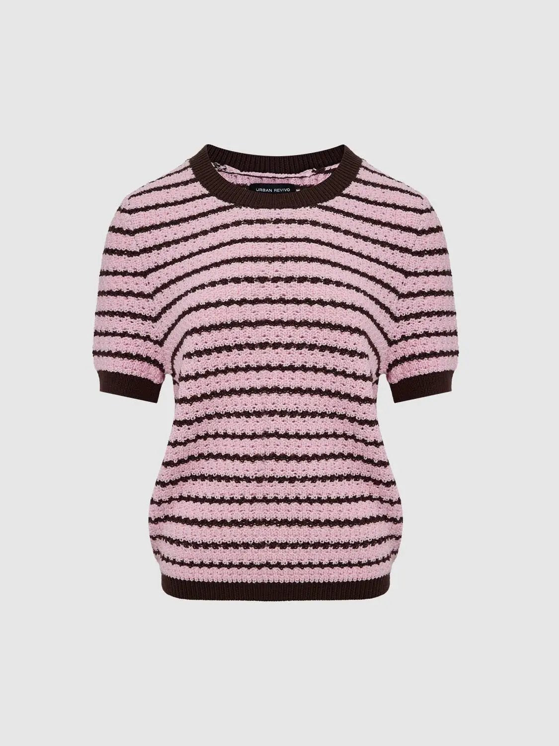 Round Neck Striped Knit Short Sleeve Cotton T-Shirt in pink and brown