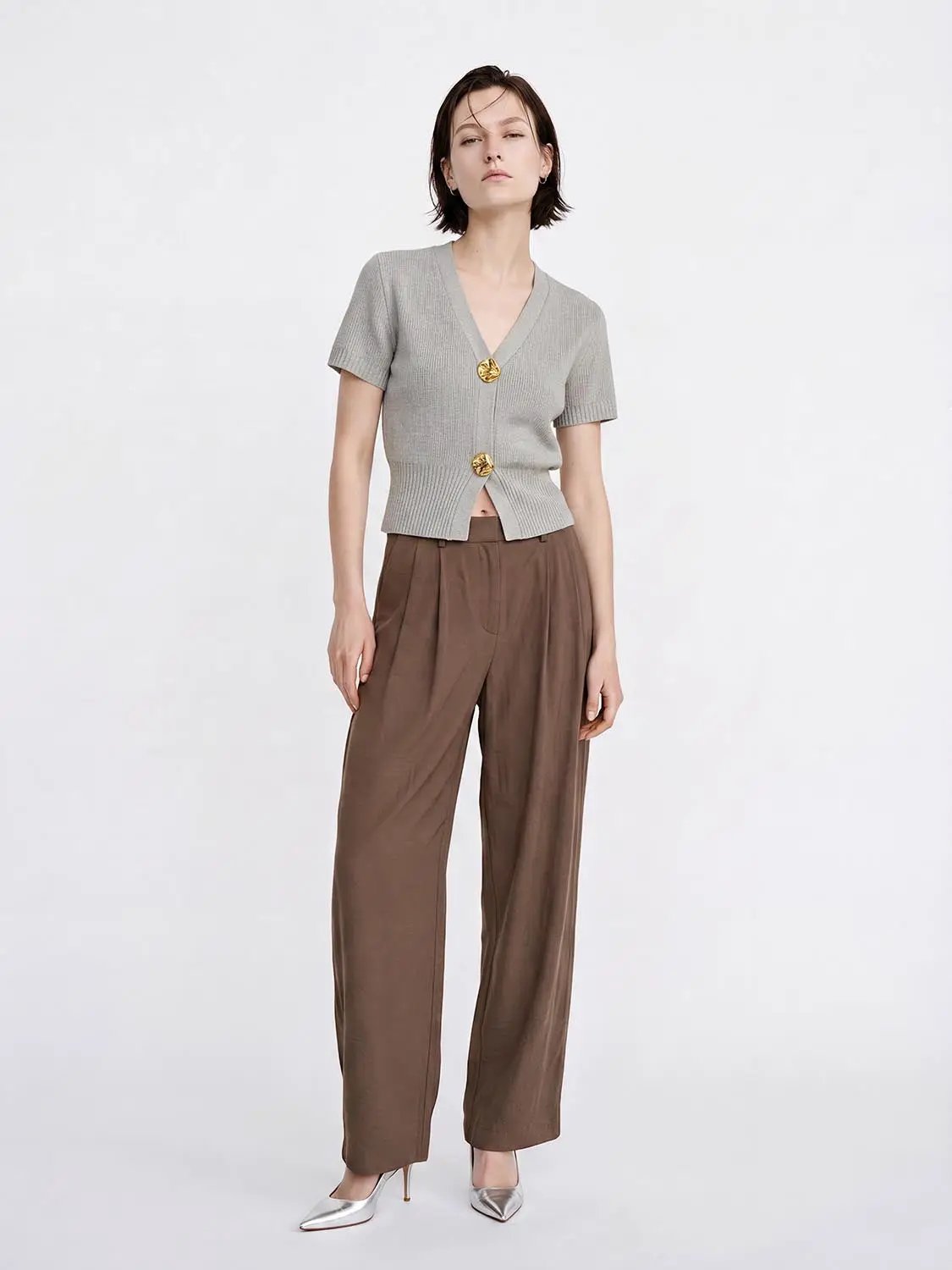 Short Sleeve Knitted Cardigans by Urban Revivo Fashion, light gray with gold buttons and ribbed hem.