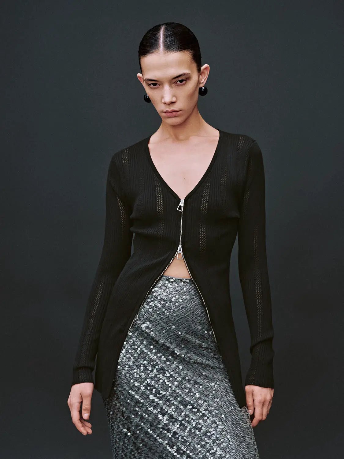 Zip Up Front Knitted Cardigan by Urban Revivo Fashion in black ribbed knit with silver zipper.