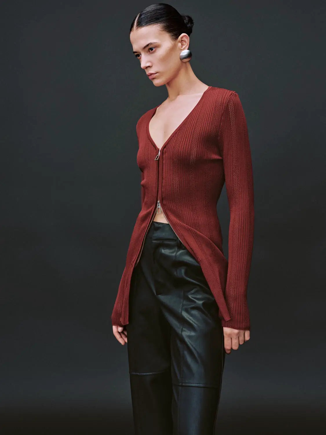Zip Up Front Knitted Cardigan by Urban Revivo Fashion in burgundy ribbed knit with V-neck.