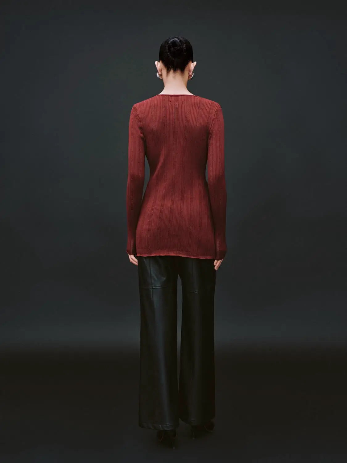 Zip-Up Front Knitted Cardigan in burgundy ribbed knit, back view on model with long sleeves.