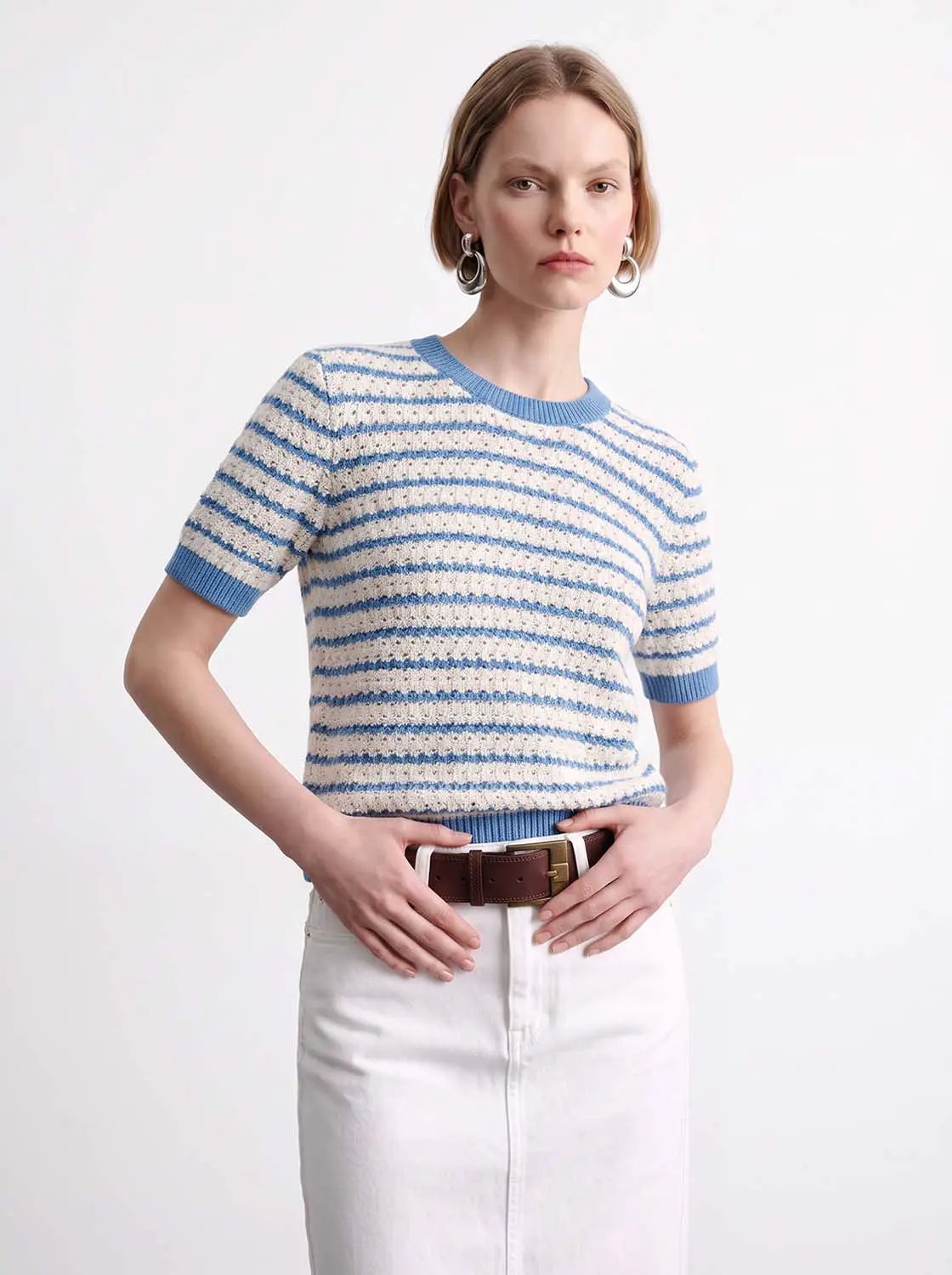 Cotton Striped Textured Knit Rib Trim T-Shirt, blue and white, short-sleeve
